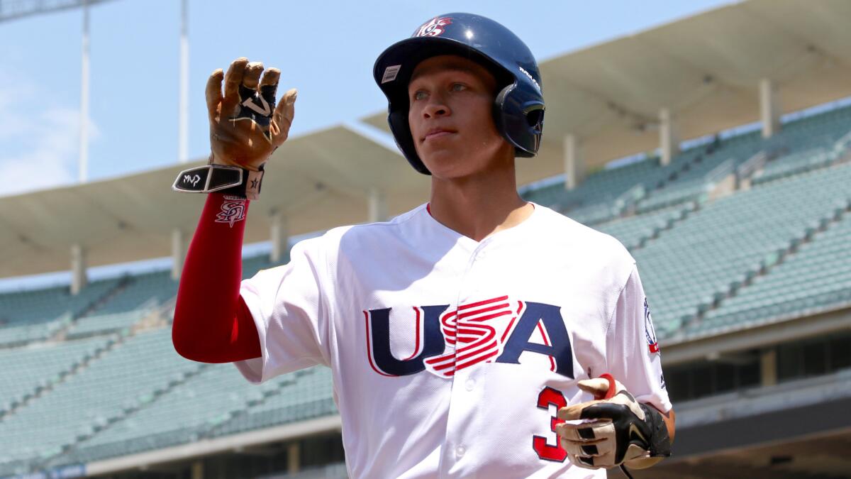 Dodgers first round pick Jeren Kendall plays in Dodger Stadium for USA Baseball's Collegiate National Team on June 28, 2016.