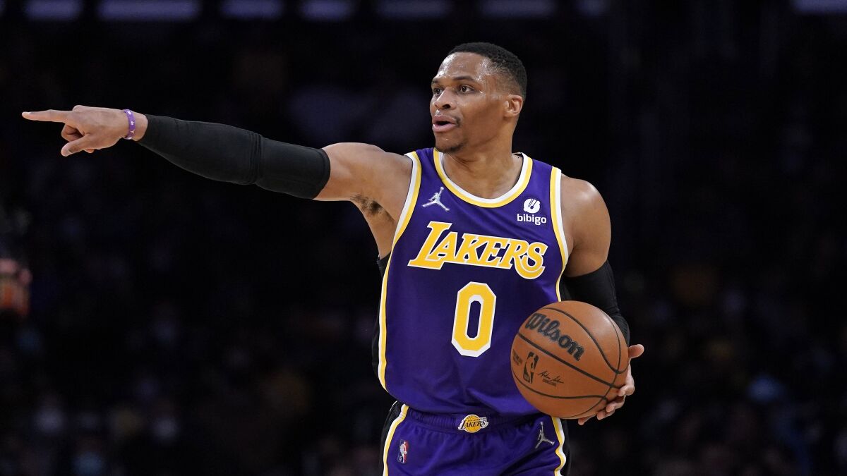 Lakers guard Russell Westbrook directs his teammates.