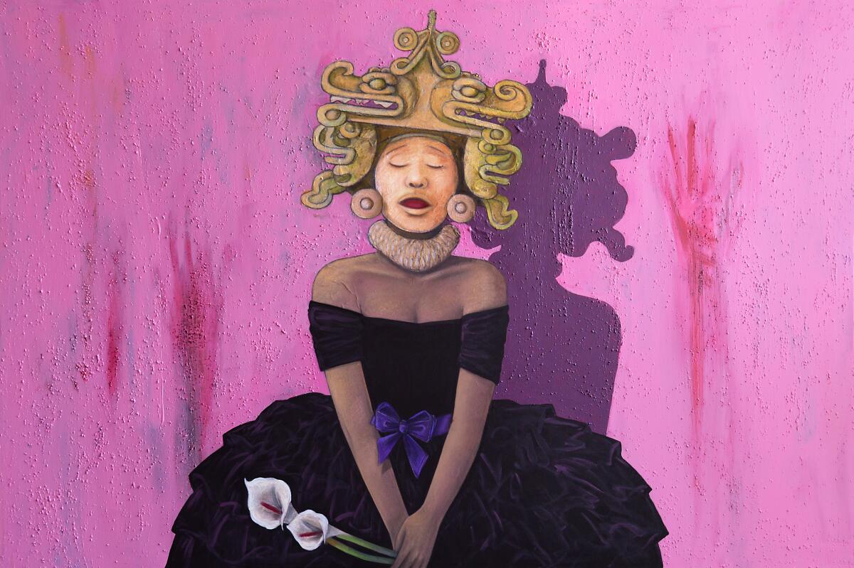 A pastel drawing of a young woman in a black gown standing before a hot-pink wall with a sculptural headdress.