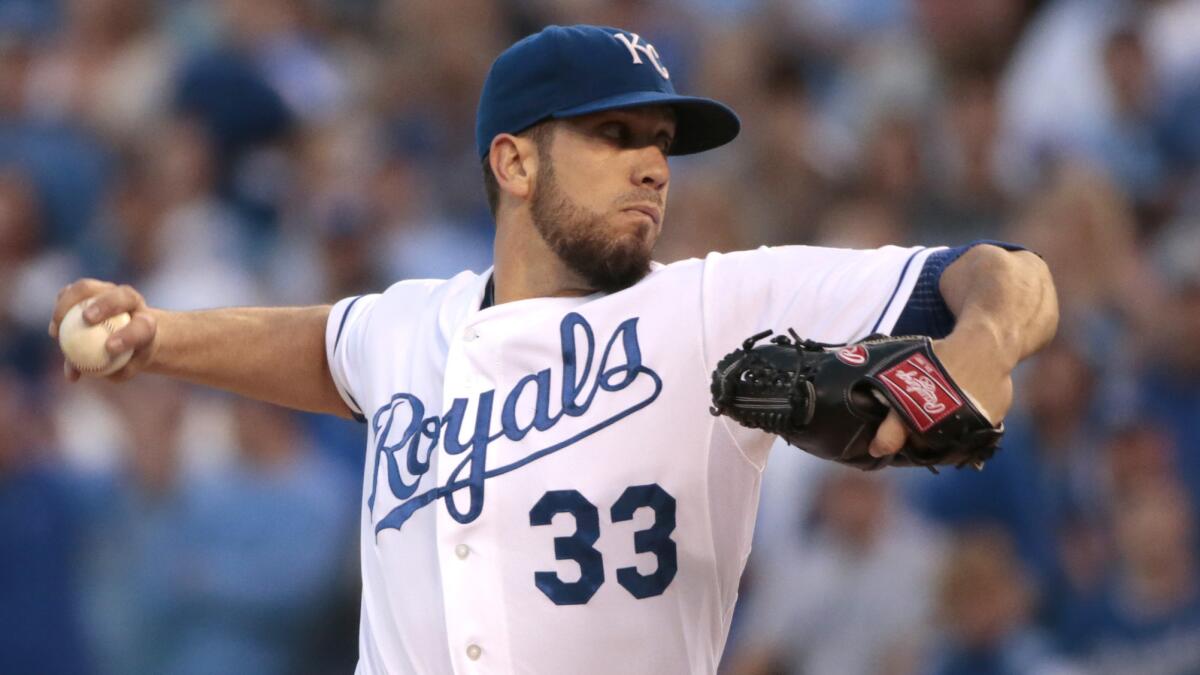 Kansas City Royals starter James Shields delivers a pitch during Game 3 of the American League division series against the Angels on Oct. 5.