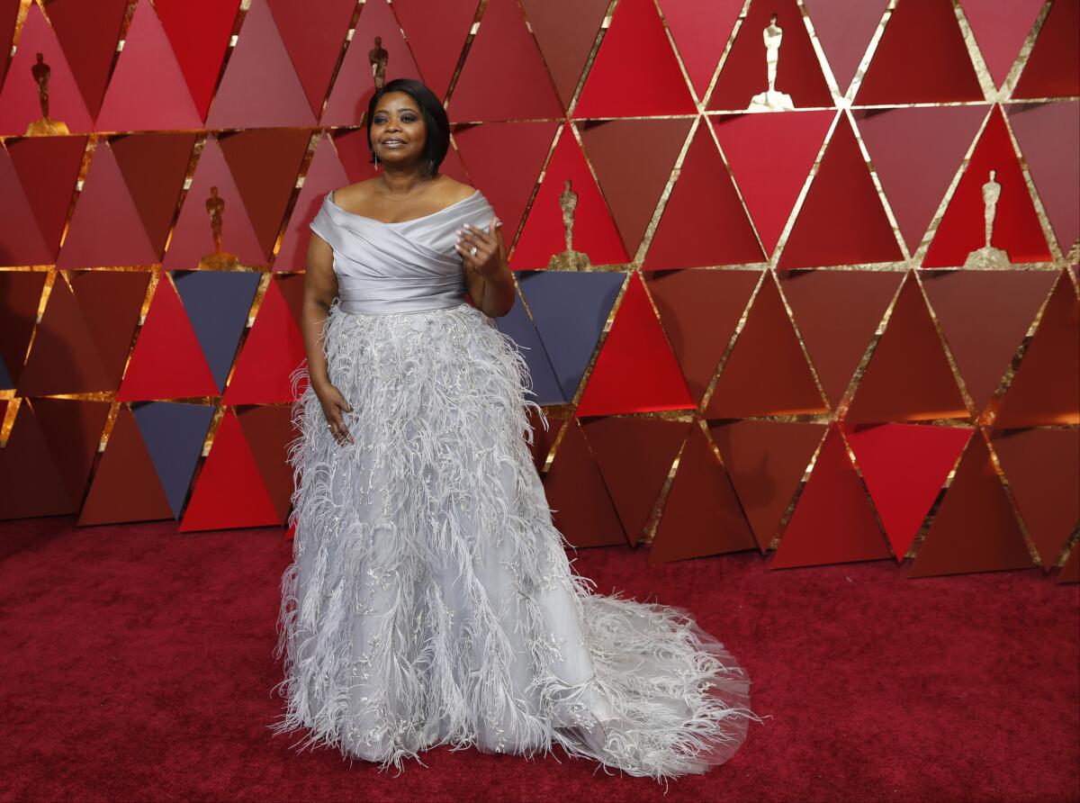 Octavia Spencer in a custom Marchesa gown at the 2017 Academy Awards. The label, once a red-carpet staple, seemed to be MIA at the first awards show since the Weinstein sexual harassment scandal broke.