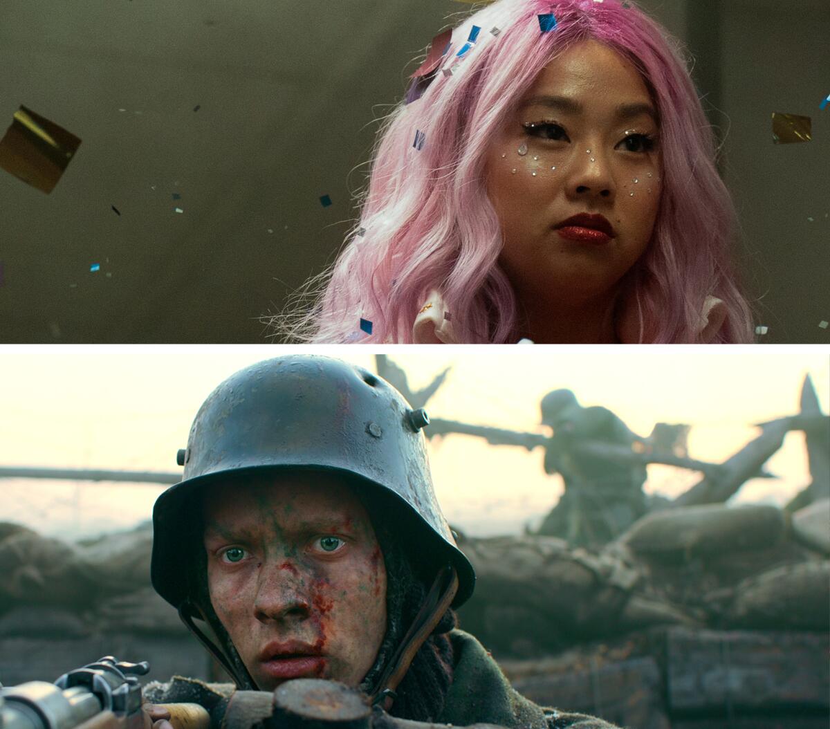 Two photos grouped as one. Stephanie Hsu in "Everything Everywhere." Felix Kammerer in "All Quiet on the Western Front."