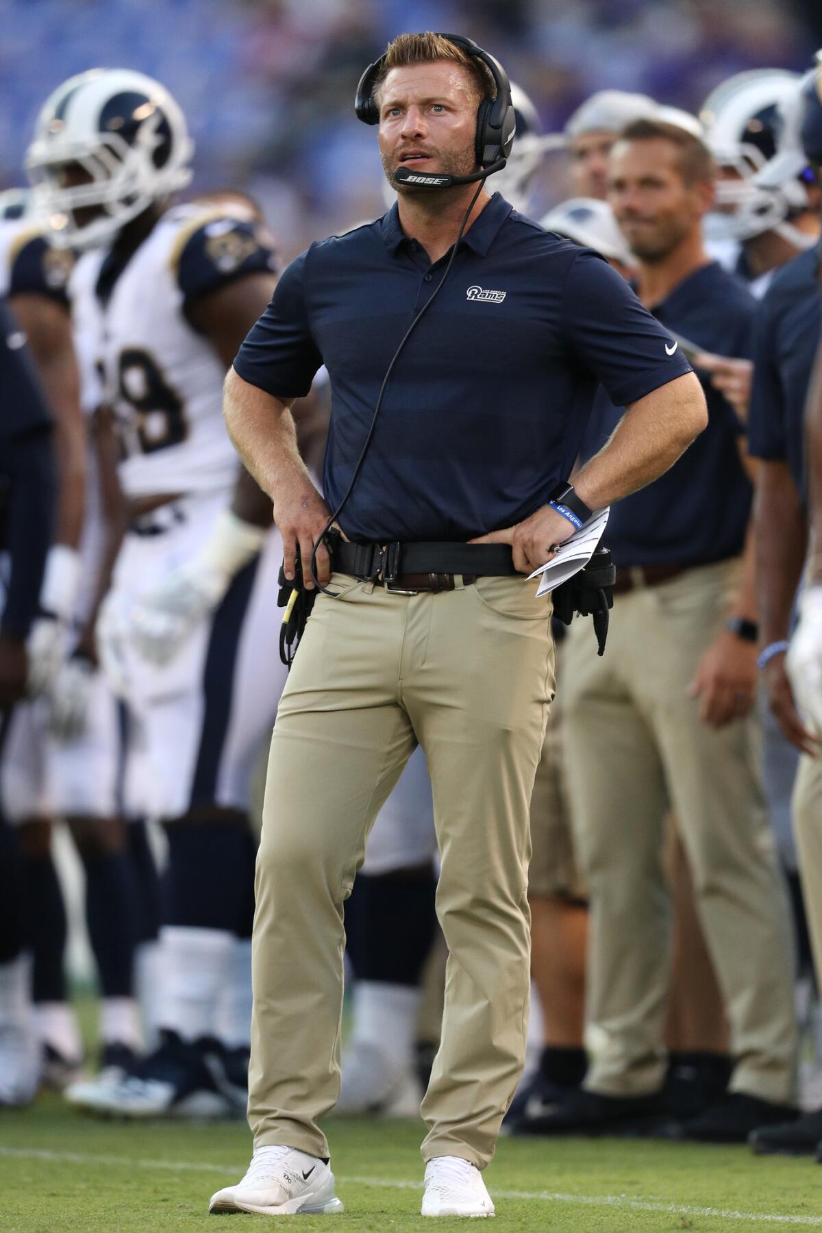 Sean McVay coaches the Rams during an Aug. 9 preseason game against Baltimore.