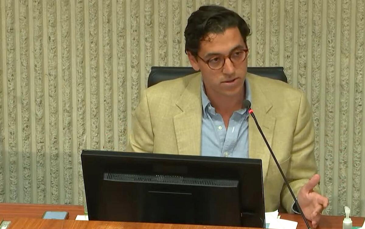 Costa Mesa Arts Commission Vice Chair Fisher Derderian speaks during a May 1 commission meeting at City Hall.