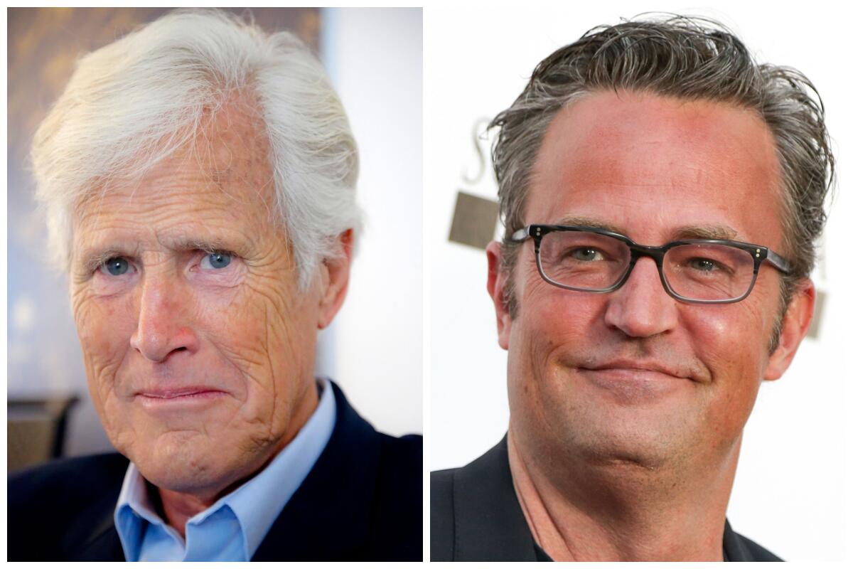 Keith Morrison, left, in a blue shirt and a black blazer, and Matthew Perry smiling in thin-framed glasses 