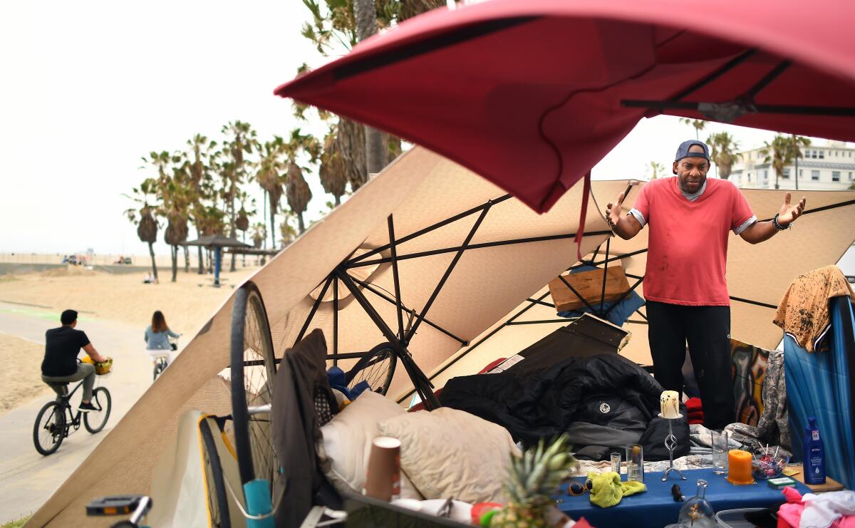 homeless set-up along the strand in Venice Beach