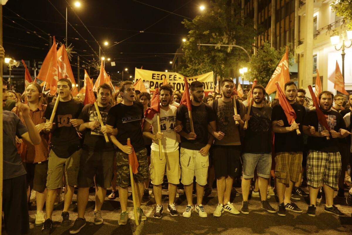 Supporters of the "No" vote on austerity, which ultimately won, shout slogans during a protest in Athens on July 5, 2015.