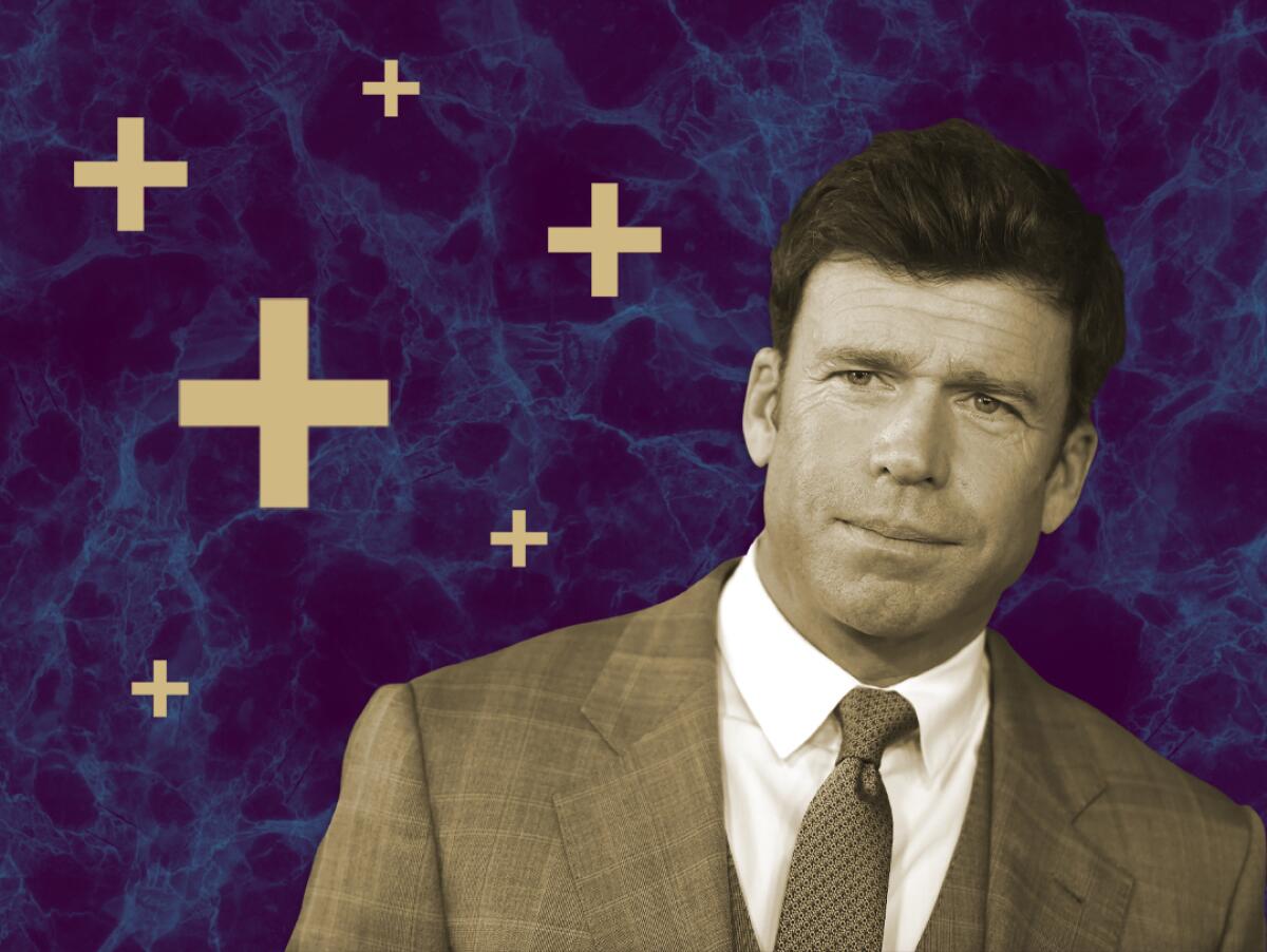Taylor Sheridan against a backdrop illustrated with six plus signs.