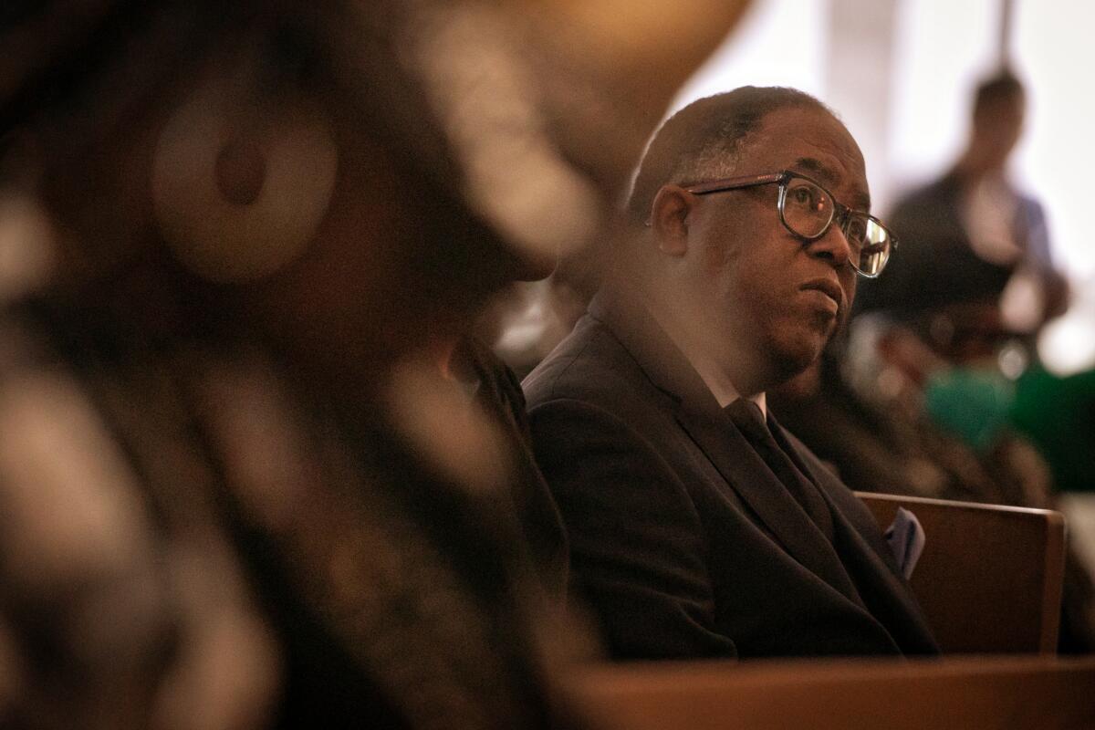 Mark Ridley-Thomas listens during a gathering at South L.A.'s Holman United Methodist Church in March.