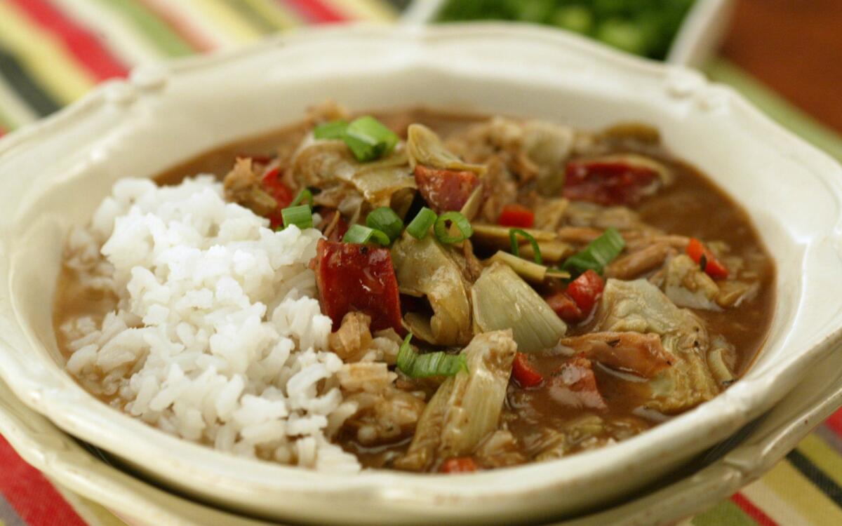 Turkey gumbo with artichokes and andouille