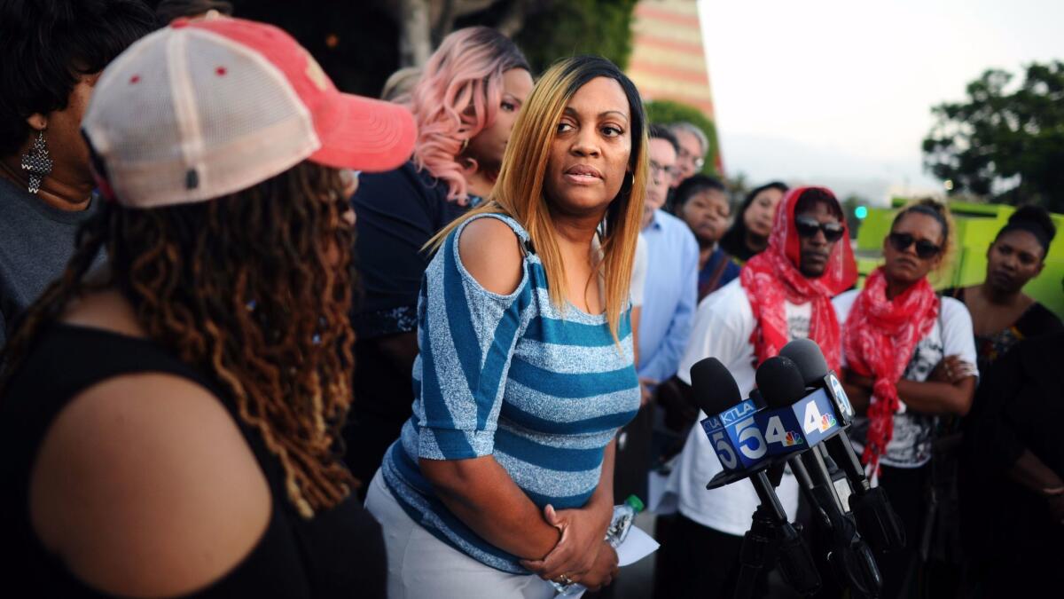 LaTisha Nixon, the mother of Gemmel Moore, speaks at a news conference outside the West Hollywood sheriff's station on Aug. 18.