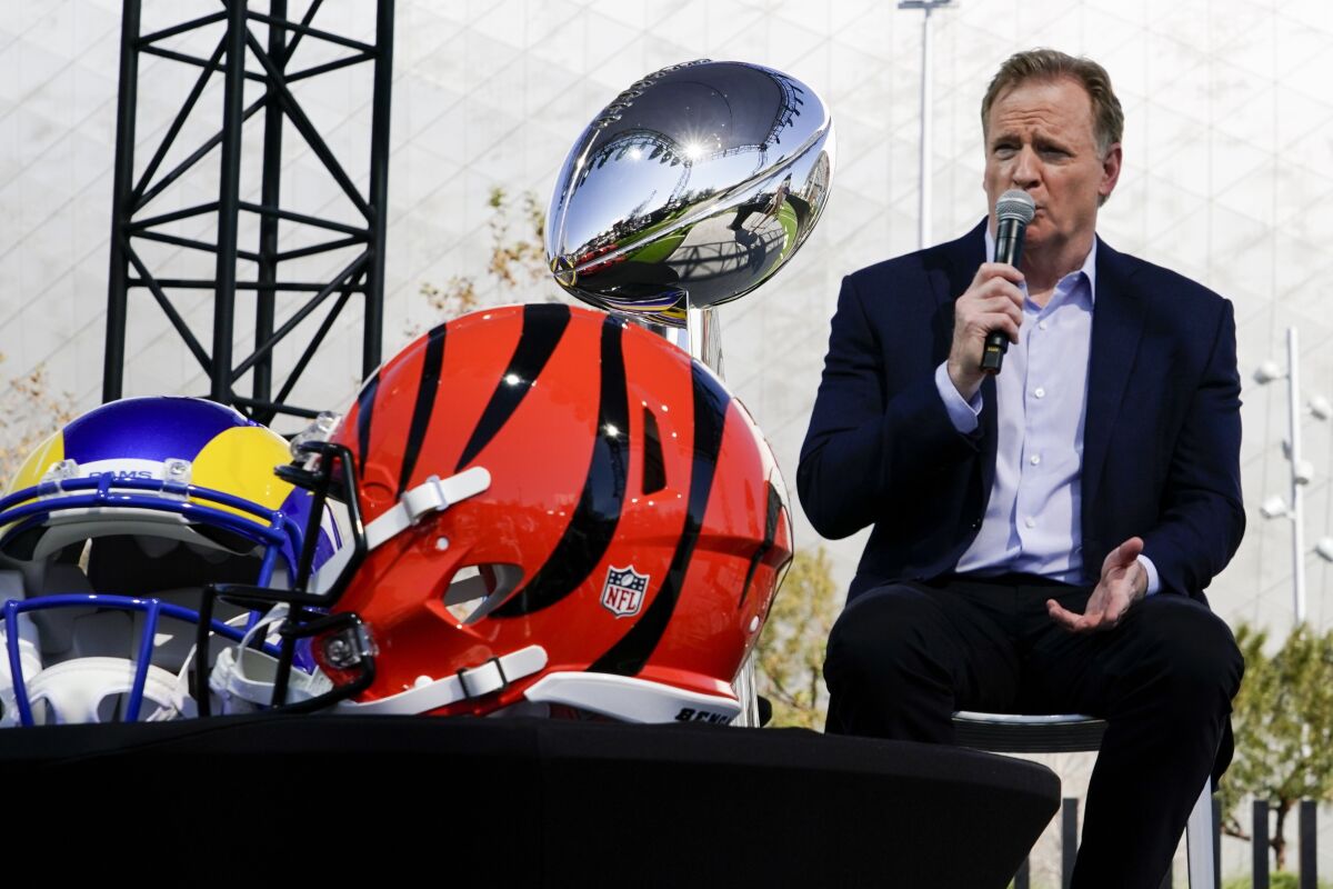 NFL Commissioner Roger Goodell speaks at a news conference Wednesday, Feb. 9, 2022, in Inglewood, Calif. (AP Photo/Morry Gash)