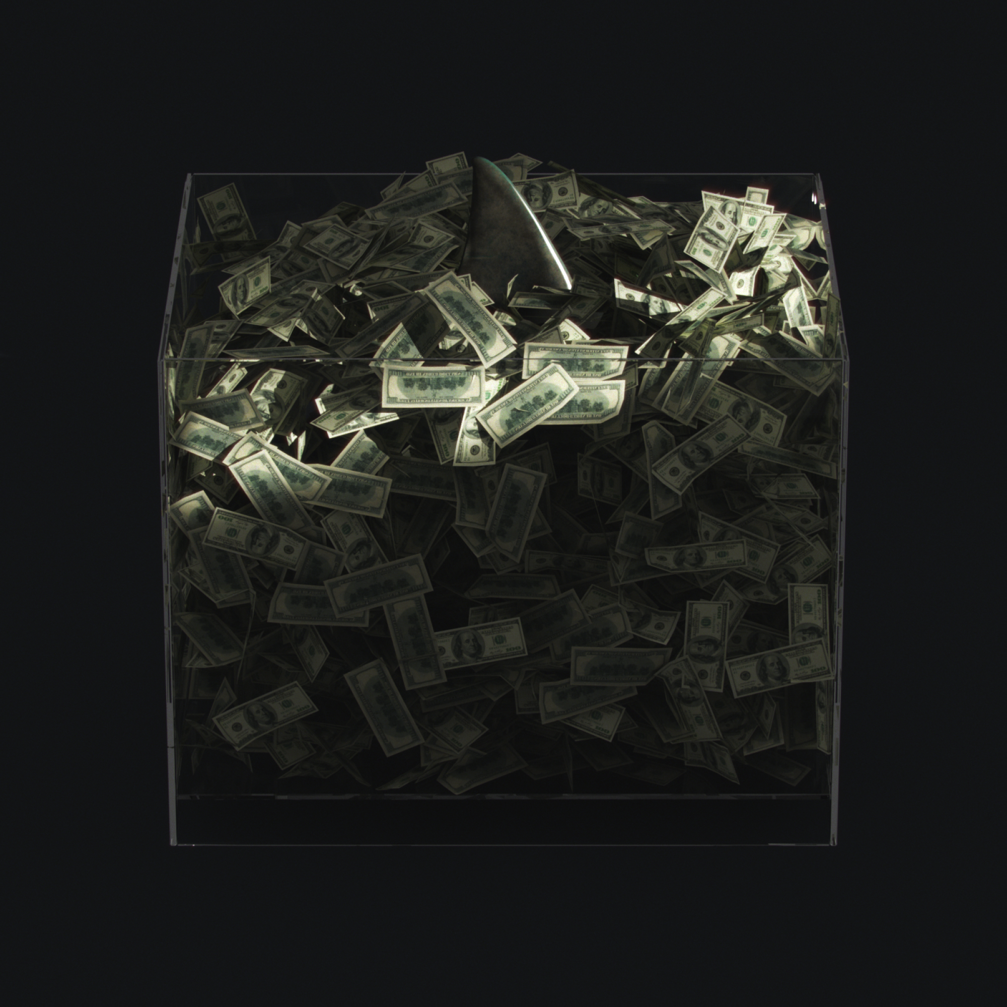 Illustration of a spotlight cutting across a glass box full of loose hundred-dollar bills