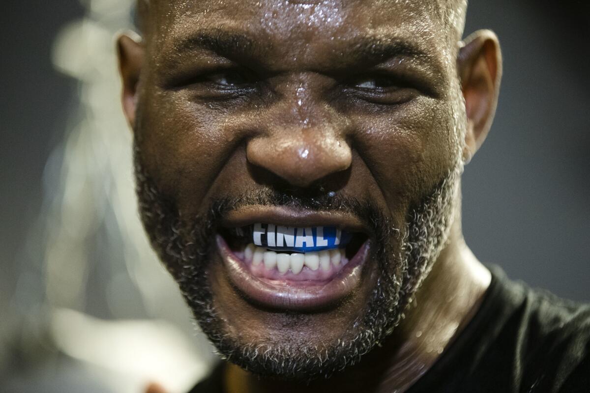 Bernard Hopkins shows off his mouthguard during a media workout in Philadelphia on Dec. 5.