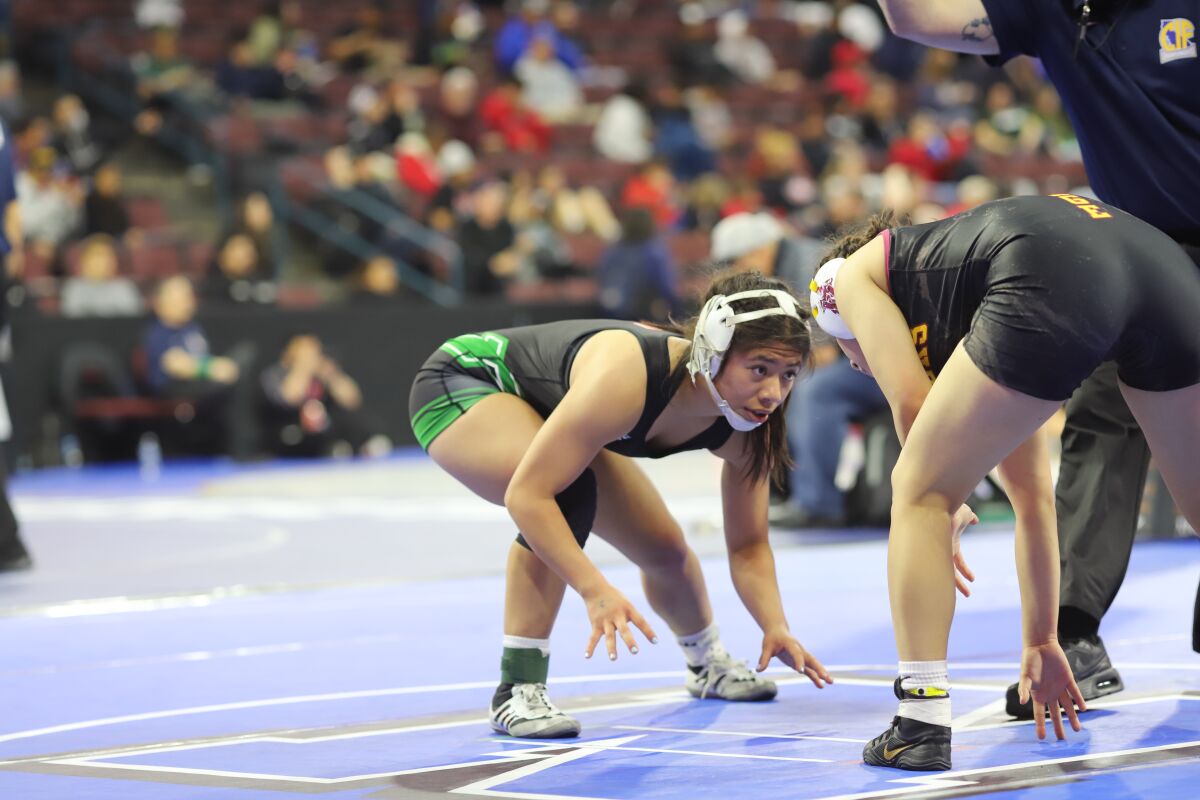 Alejandra Valdiviezo, a junior at Poway, was sixth at 121 pounds at the CIF State Champions girls wrestling meet in February.