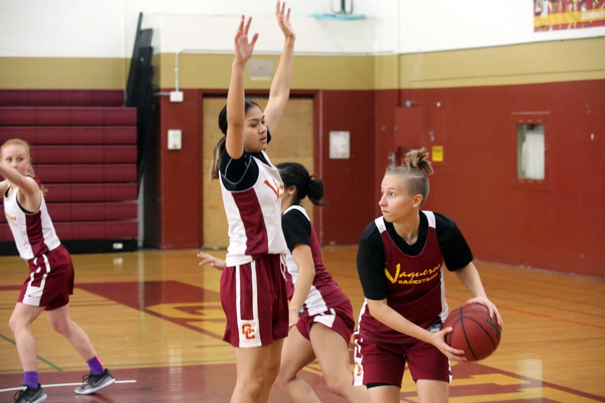 The Glendale City College's girls basketball team during practice at Glendale Community College's gym in Glendale, Ca., Wednesday, October 30, 2019. (photo by James Carbone)