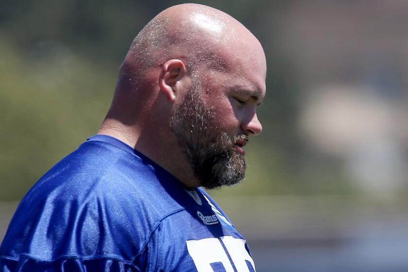 THOUSAND OAKS, CALIF. - MAY 22, 2017. Los Angeles Rams tackle Andrew Whitworth participates in organized team activities on the campus of California Lutheran University on Monday, May 22, 2017. (Luis Sinco/Los Angeles Times)