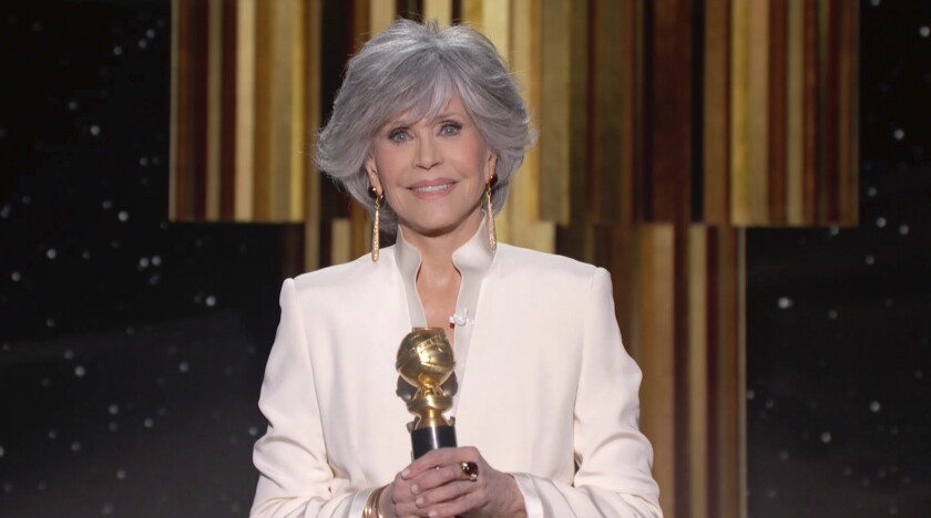 In this video grab issued Sunday, Feb. 28, 2021, by NBC, Jane Fonda accepts the Cecil B. deMille Award at the Golden Globe Awards. (NBC via AP)