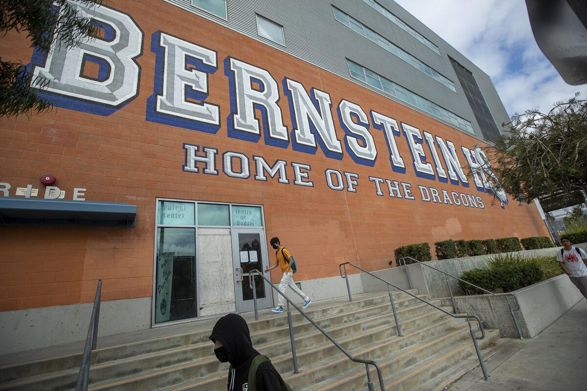 Students make their way to Helen Bernstein School in Los Angeles