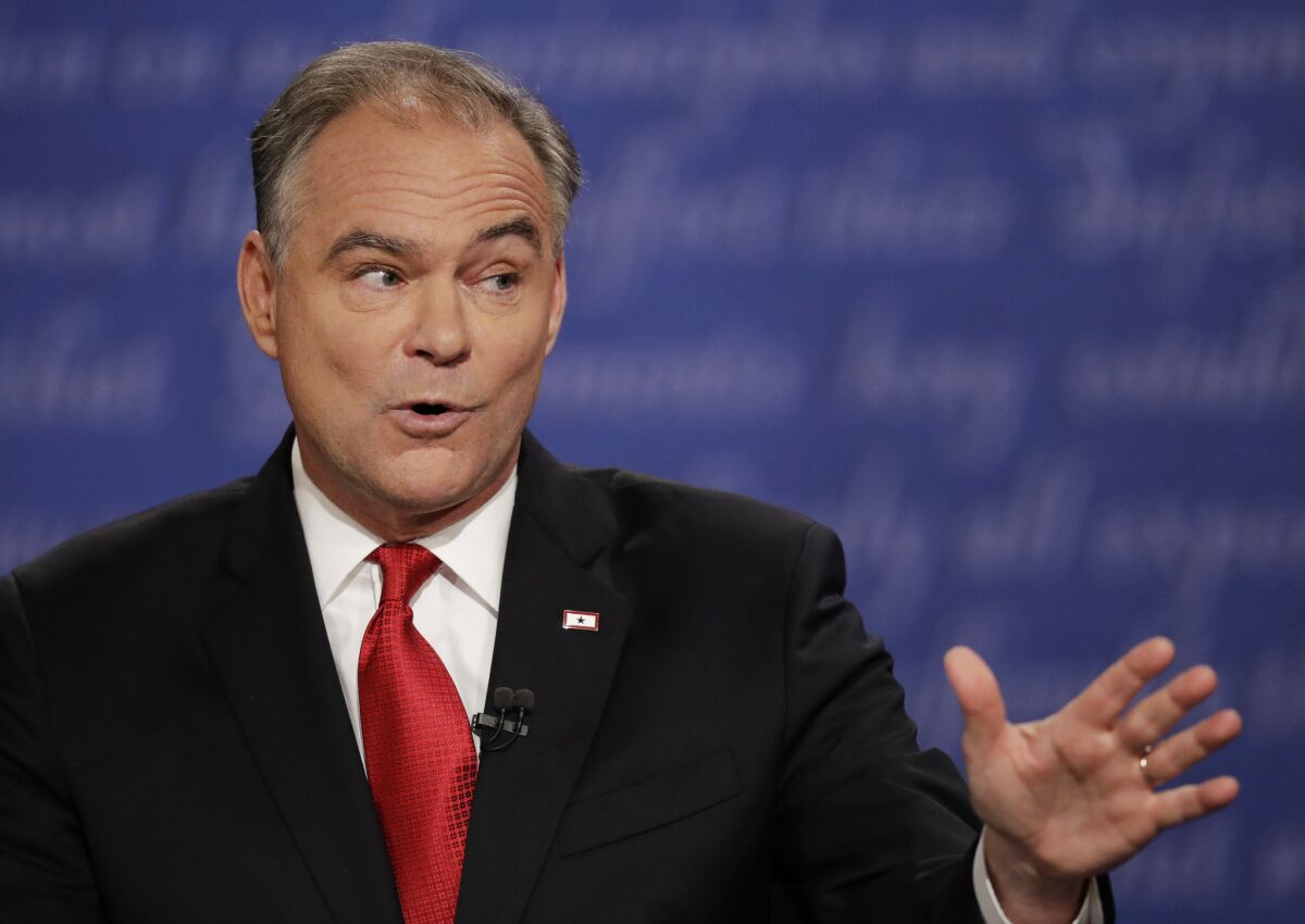 Democratic vice presidential nominee Tim Kaine defended running mate Hillary Clinton during the debate at Longwood University in Farmville, Va. (Julio Cortez / Assoicated Press)