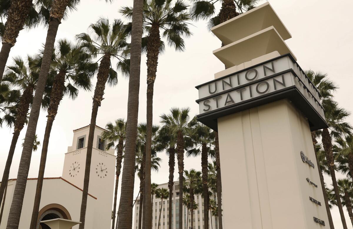 Union Station's iconic main entrance faces Alameda Street.