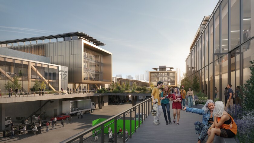 Rendering of interior of East End Studios ADLA Campus showing elevated pedestrian terraces.