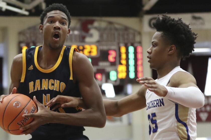 Rancho Christian's Evan Mobley #4 in action against McEachern during a high school basketball game at the Hoophall Classic, Monday, January 21, 2019, in Springfield, MA. (AP Photo/Gregory Payan)