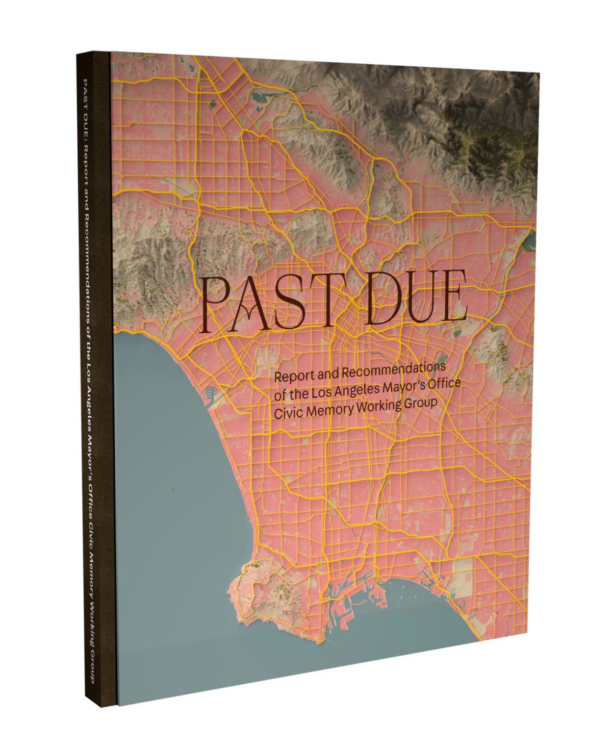 A book cover features an overview map of the Los Angeles basin in pink with freeways rendered in yellow
