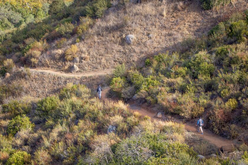 Mable Kume and Laurie Lee, visiting from San Francisco, hike along a trail in upper San Pasqual Valley.