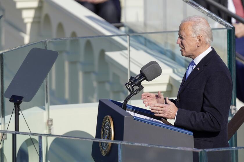 Washington , DC - January 20: U.S. President Joe Biden delivers his inaugural address after being sworn in as the 46th president of the United States on the West Front of the U.S. Capitol on Wednesday, Jan. 20, 2021 in Washington, D.C. (Kent Nishimura / Los Angeles Times)