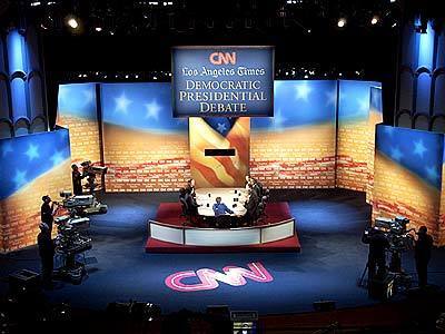 Candidates gather at the Democratic presidential debate at the University of Southern California's Bovard Auditorium.