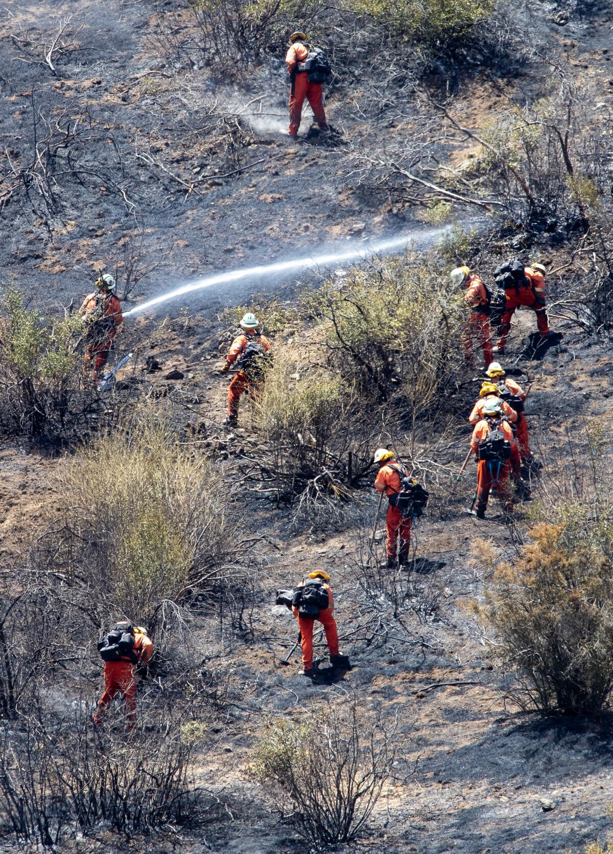 An inmate fire crew mopping up a fire in Agoura Hills