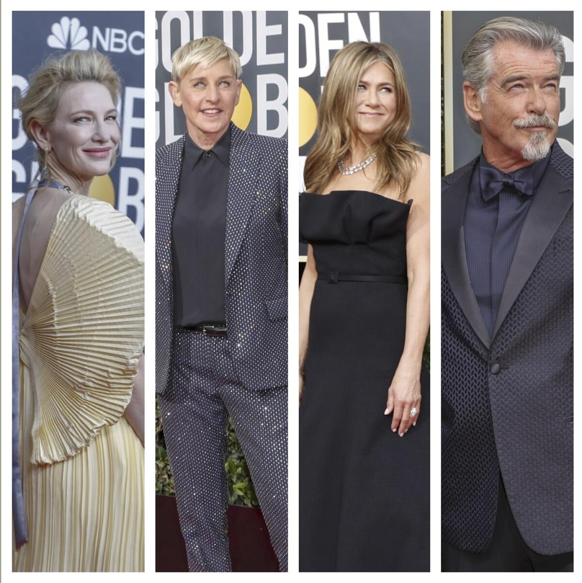 At the Golden Globes, Cate Blanchett, from left, Ellen DeGeneres, Jennifer Aniston and Pierce Brosnan. At Sunday night's ceremony, all brought up the bush fires in Australia.