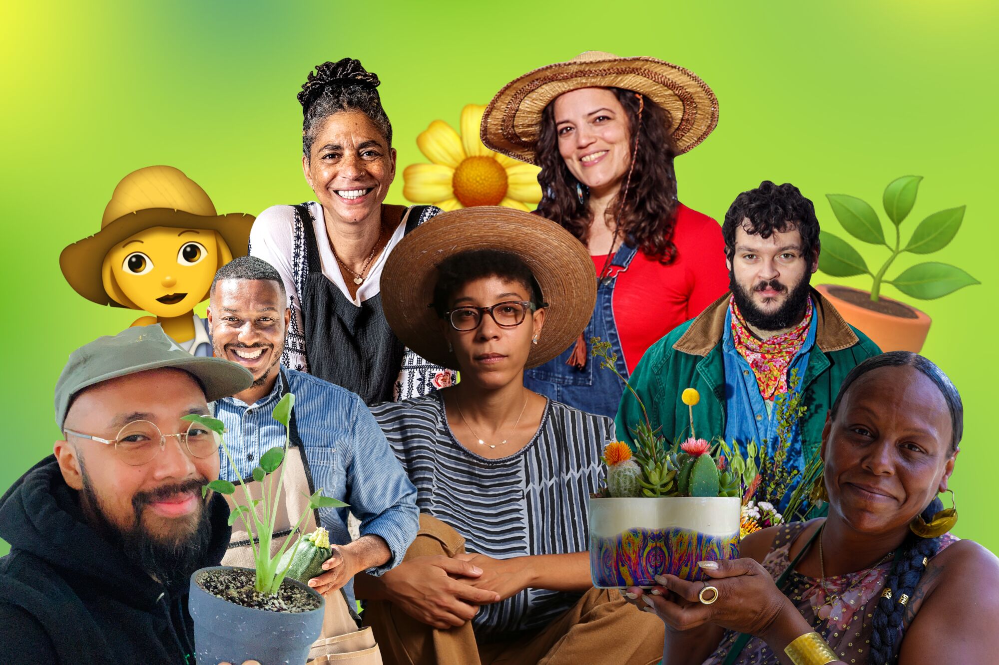 A collage of seven people, some holding plants or wearing gardening hats