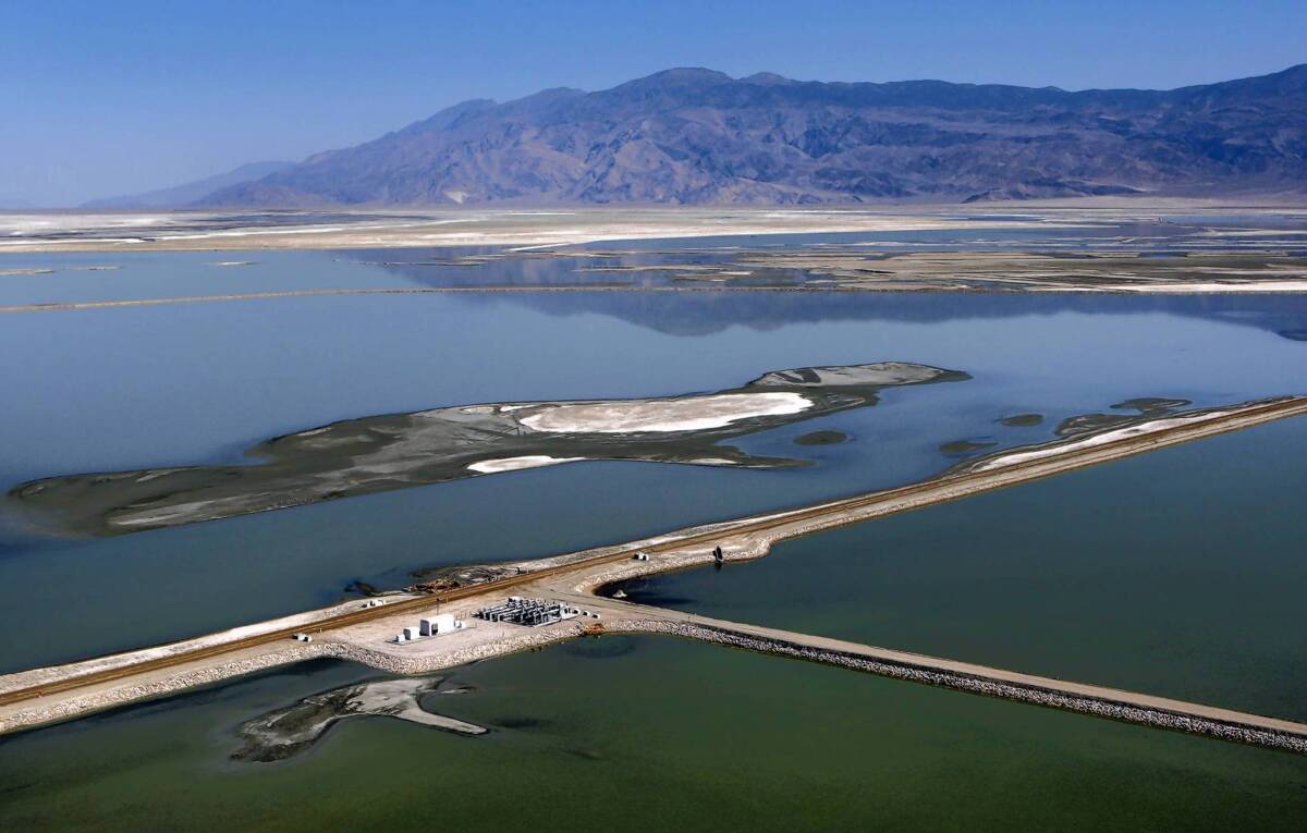 An aerial view of Owens Lake, which has largely been drained since the water that historically fed it was diverted toward the Los Angeles Aqueduct. Dust on the lake bed has created health and environmental hazards.