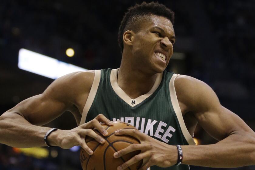 Milwaukee Bucks' Giannis Antetokounmpo reacts in a play against the Oklahoma City Thunder during the second half on Monday.