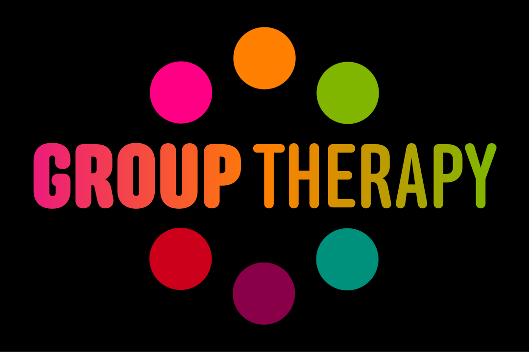 Graphic of six multi-colored circles and the words "Group Therapy" on a black background.
