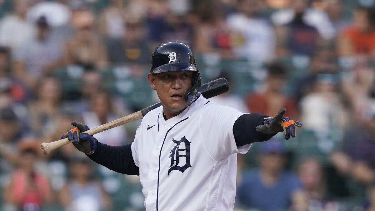 FILE - Detroit Tigers' Miguel Cabrera plays during a baseball game, Saturday, Aug. 28, 2021, in Detroit. On Sunday, March 13, 2022, Cabrera showed up for the start of his 20th spring training camp in the majors, his 15th with the Detroit Tigers. (AP Photo/Carlos Osorio, File)