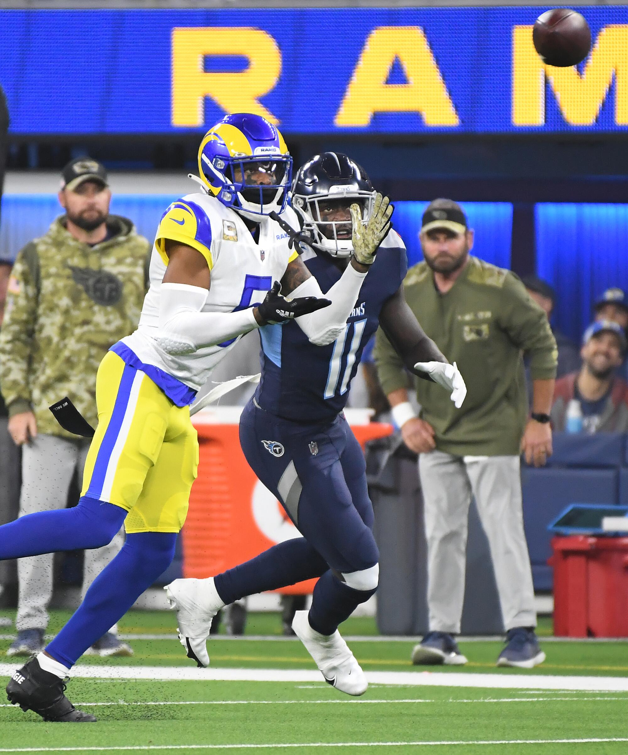 Rams cornerback Jalen Ramsey intercepts a pass intended for Tennessee Titans receiver A.J. Brown in the first quarter.