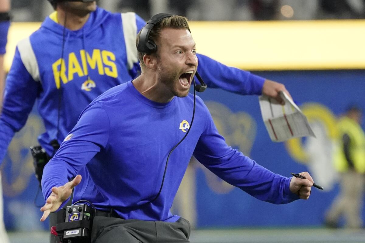Rams coach Sean McVay celebrates a touchdown during a win over the Raiders in December.