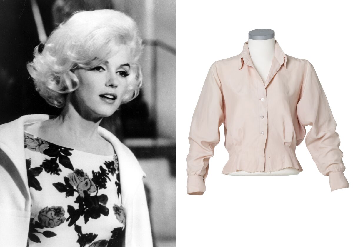 This combination photo shows Marilyn Monroe on the set of "Something's Got To Give," in Los Angeles in April 1962, left, and a custom-made pale pink silk blouse worn by Monroe in "Let’s Make Love." The items is one of many pieces of Hollywood memorabilia up for action July 15 through July 17 at Julien’s Auctions. (AP Photo, left, Julien's Auctions via AP)