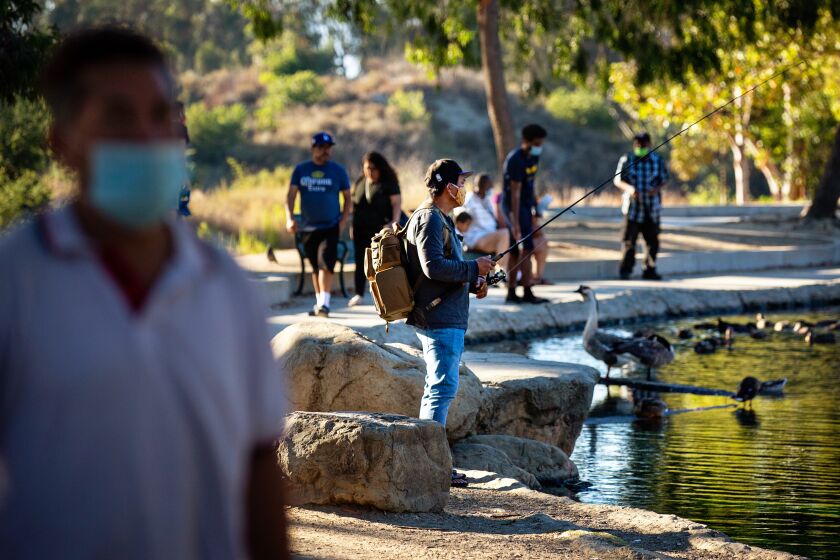 LOS ANGELES, CA - AUGUST 08: A man fishes as others enjoy a summer day at the lake in Kenneth Hahn Lower Park in Los Angeles during the coronavirus pandemic Saturday, Aug. 8, 2020 in Los Angeles, CA. (Jason Armond / Los Angeles Times)