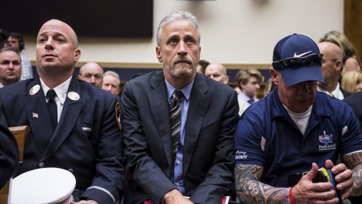 Former "Daily Show" host Jon Stewart prepares to testify before the House Judiciary Committee about reauthorizing the September 11th Victim Compensation Fund.