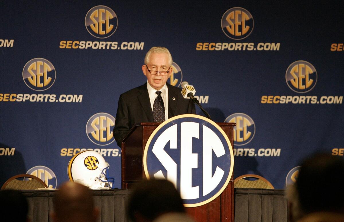 Southeastern Conference Commissioner Mike Slive speaks to the media in 2009.