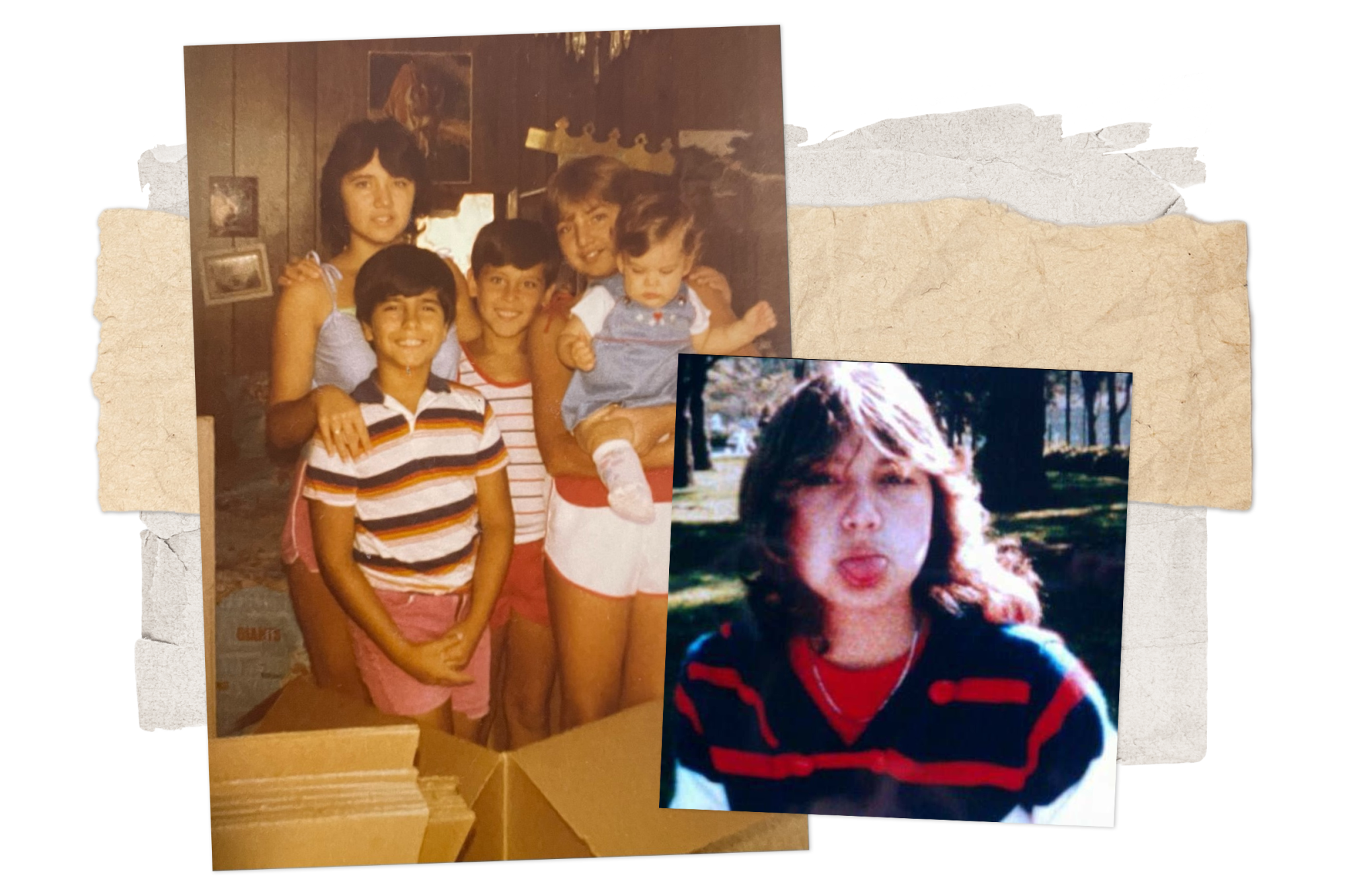 collage of a teen girl sticking out her tongue and a family photo of five kids ranging in age from toddler to teen.