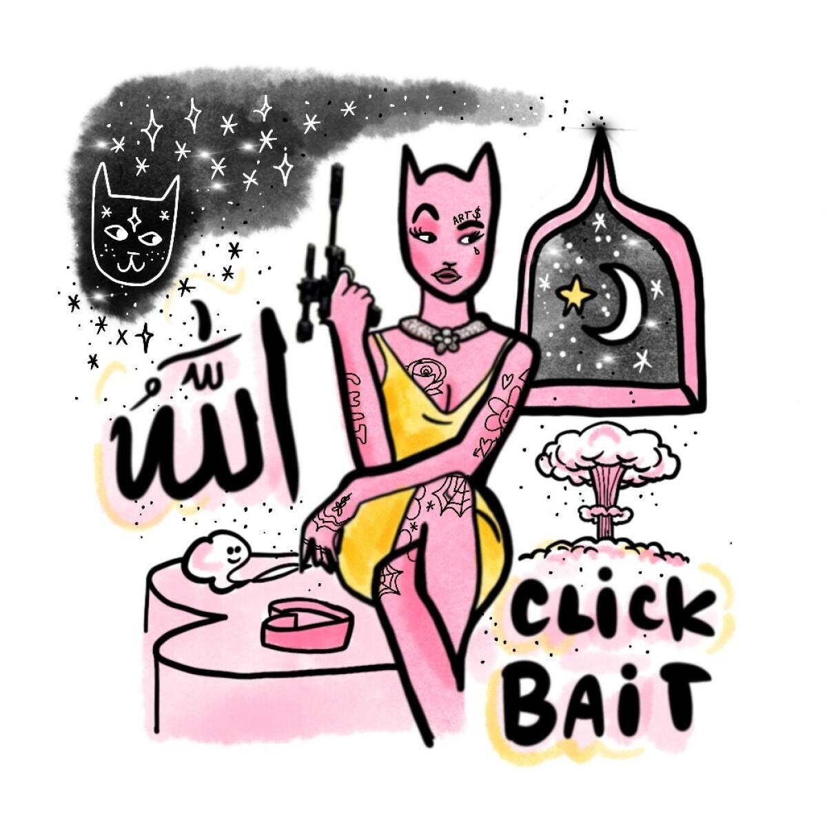 An illustration with the words "Click bait"