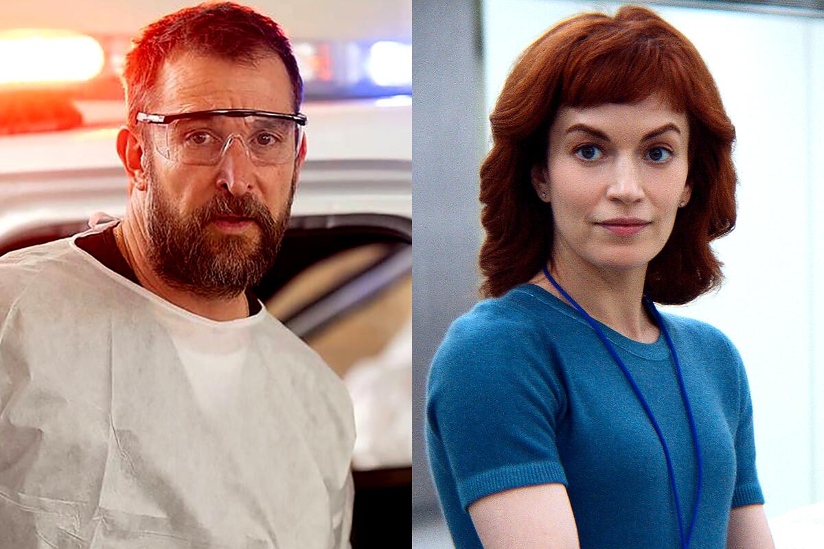 Noah Wyle in "The Pitt," left, and Britt Lower in "Severance."