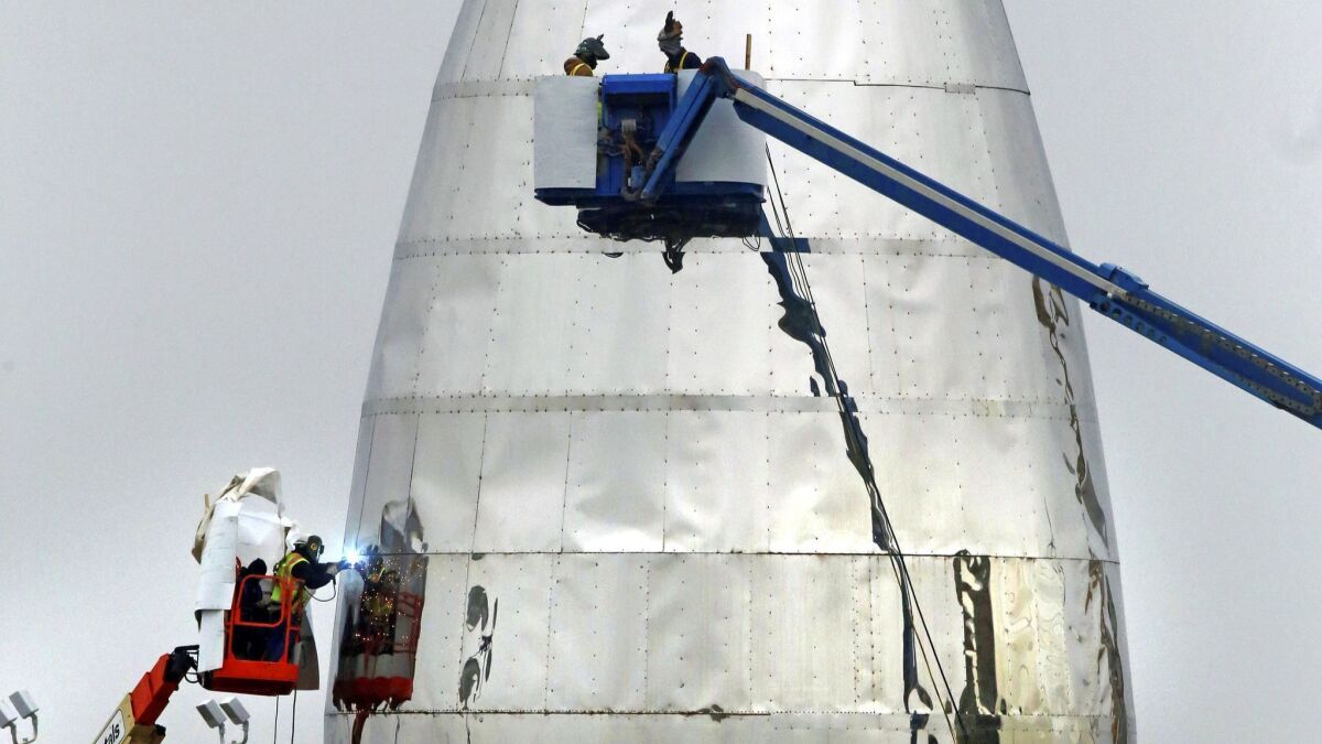 The prototype Starship that SpaceX will test at the Boca Chica Beach site near Brownsville, Texas.