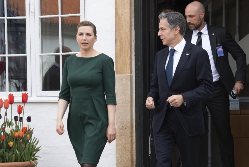 Danish Prime Minister Mette Frederiksen walks with US Secretary of State Antony Blinken as he leaves following meetings at Marienborg, the official residence of the Prime Minister, in Copenhagen, Denmark, May 17, 2021. U.S. Secretary of State Antony Blinken is in Denmark for talks on climate change, Arctic policy and Russia as calls grow for the Biden administration to take a tougher and more active stance on spiraling Israeli-Palestinian violence. (Saul Loeb/Pool photo via AP)