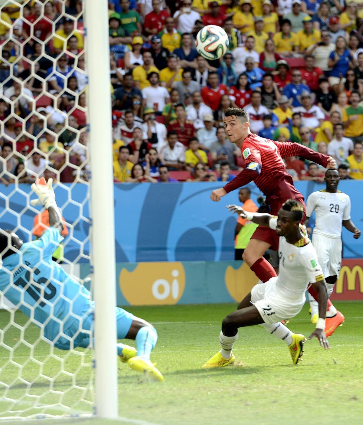Cristiano Ronaldo of Portugal misses a goal during the World Cup match against Ghana on June 26.